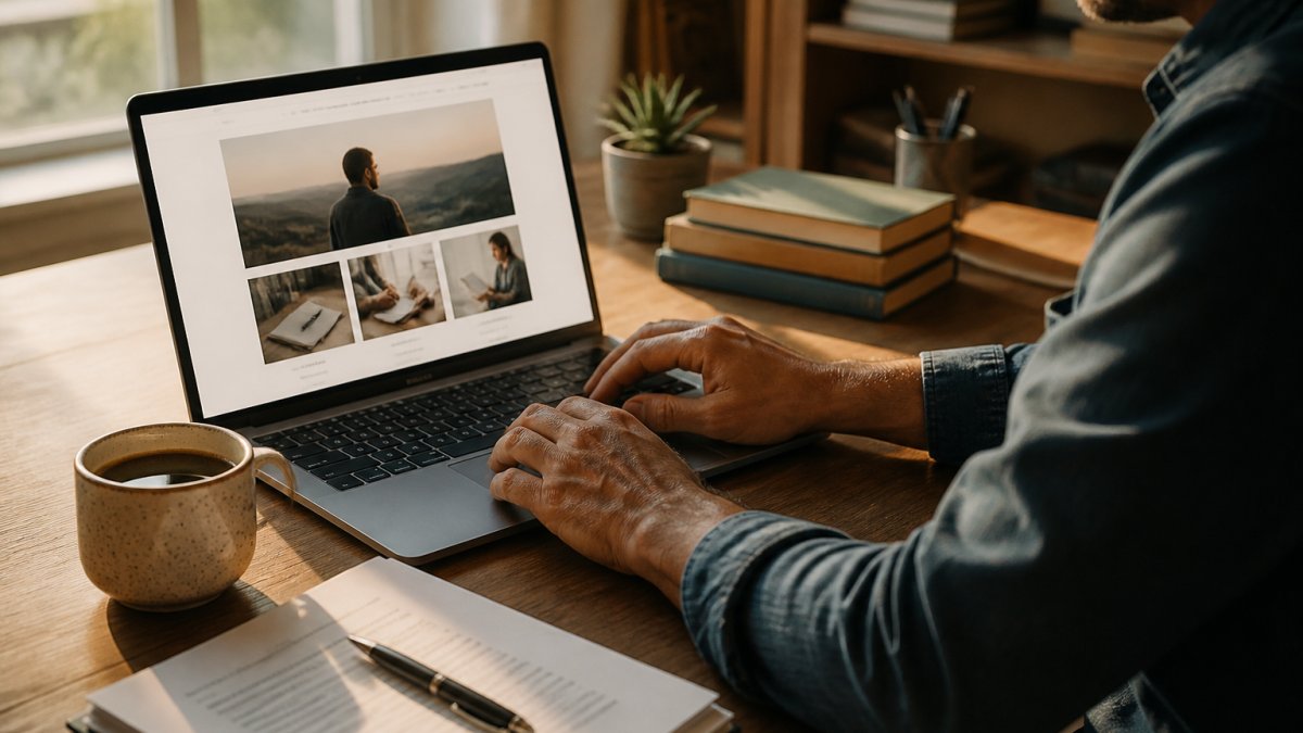 Author reviewing their memoir website on a laptop at a desk with coffee and a manuscript