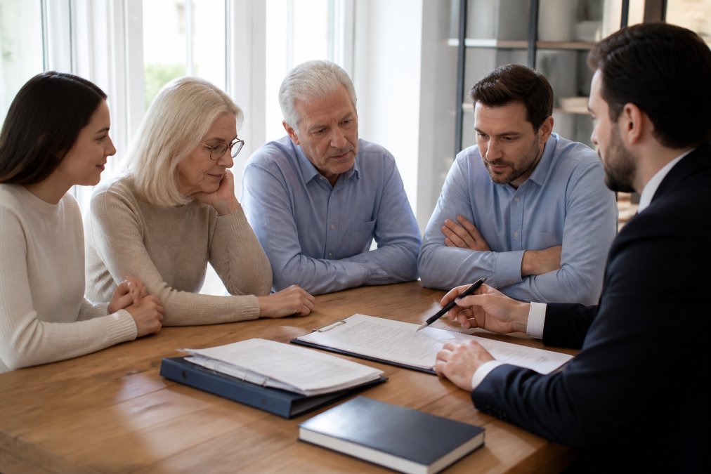 Family members sitting together at a dining table with an estate planning attorney reviewing documents and trust agreements, showing thoughtful discussion and collaboration in a professional office setting with natural window light