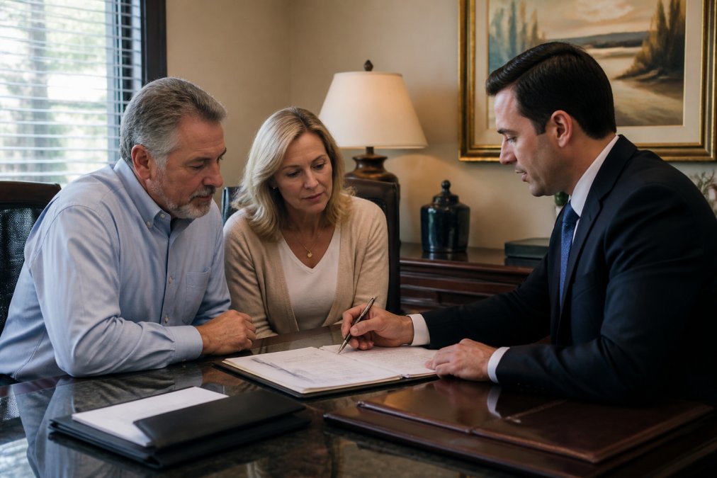 Professional attorney in business attire meeting with a middle-aged couple at an office desk, reviewing estate planning documents and discussing asset protection strategy with focused attention and professional warmth in natural office lighting