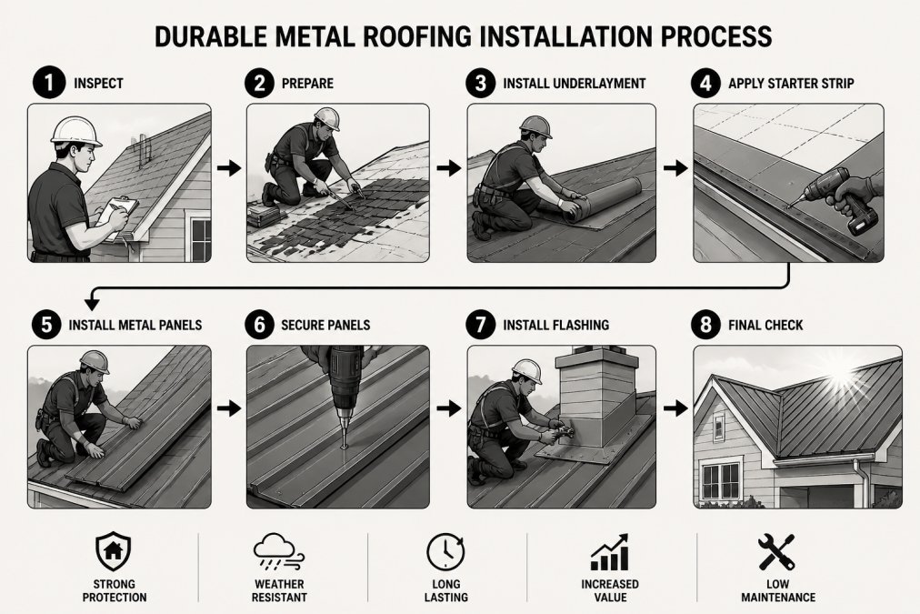 Professional roofer installing durable metal roofing on a residential home with bright sunlight reflecting off the new material, showing the installation process with protective equipment and precision