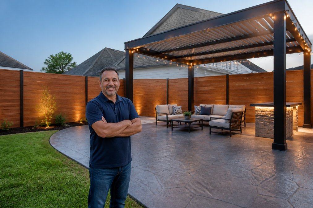 Homeowner standing in front of their completed outdoor living space with custom wood privacy fencing, stamped concrete patio, and metal pergola structure with ambient lighting, showcasing the enhanced property aesthetics and security improvements