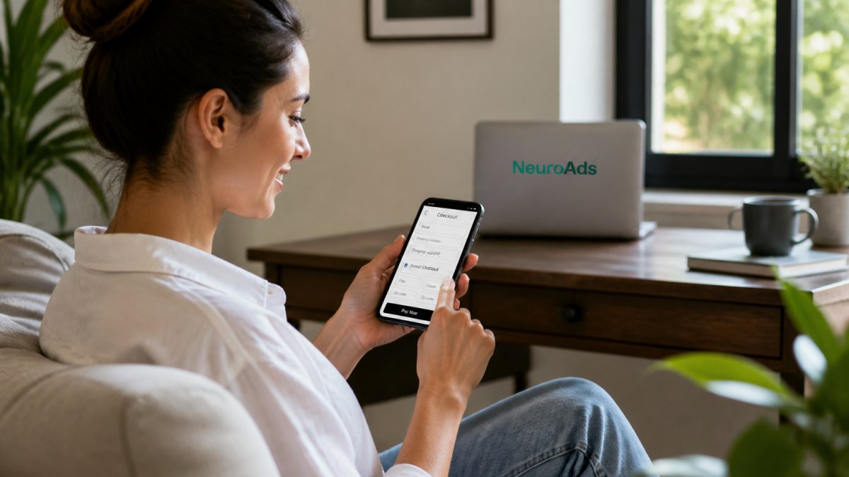 Shopper on mobile device completing simplified checkout with guest option prominently displayed, clear payment button visible, minimal form fields