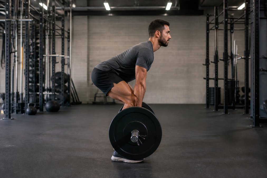 An athlete in a gym performing a deadlift from the side view, neutral spine maintained throughout, hips hinged back, bar close to the shins, gym lighting overhead showing clear spinal alignment