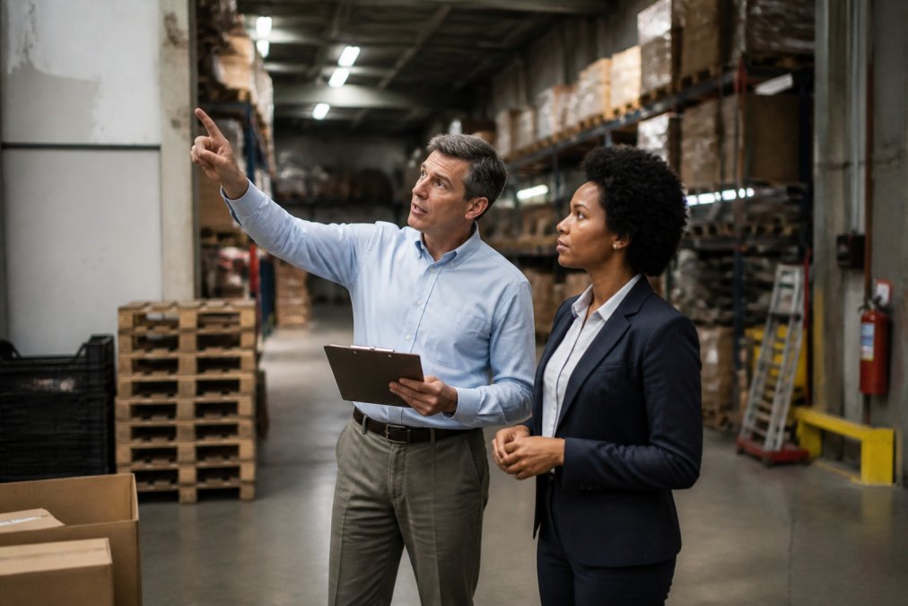 Business owner conducting a safety walkthrough in a warehouse, reviewing safety protocols and equipment with an employee in professional attire