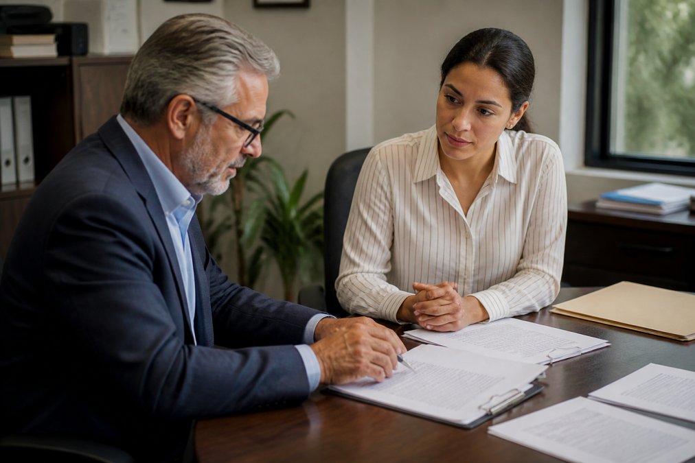 Insurance broker meeting with a small business owner at a desk, reviewing policy documents and discussing coverage options with professional materials visible