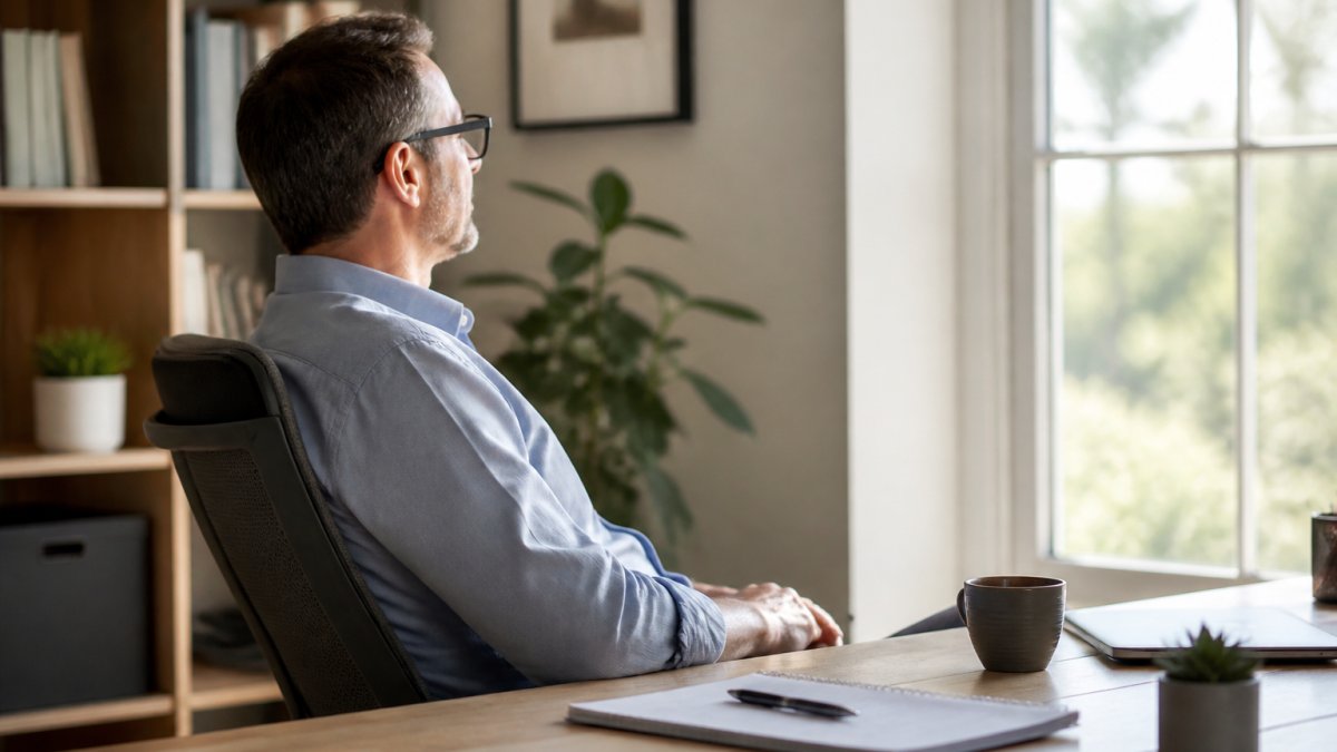 A professional in their forties seated at a tidy desk with the monitor at eye level, leaning back with eyes looking toward a bright window during a short break in a sunlit home office