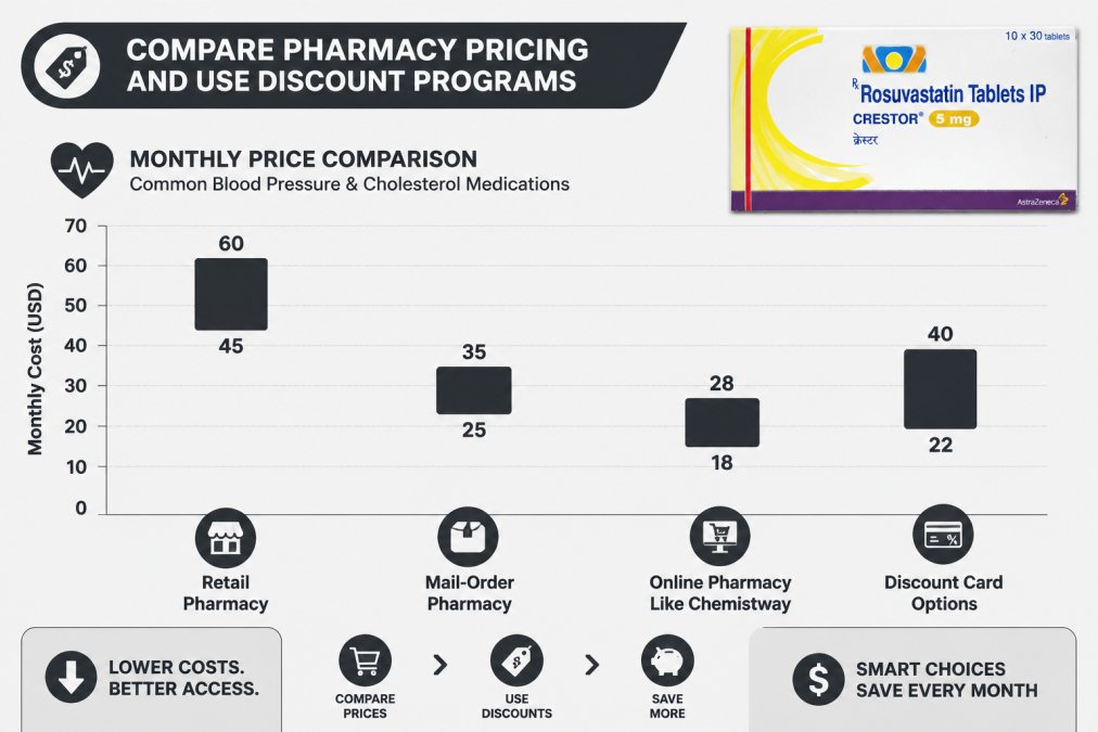 Bar chart comparing medication prices across retail pharmacy ($45-60 per month), mail-order pharmacy ($25-35 per month), online pharmacy like Chemistway ($18-28 per month), and discount card options ($22-40 per month) for common blood pressure and cholesterol medications