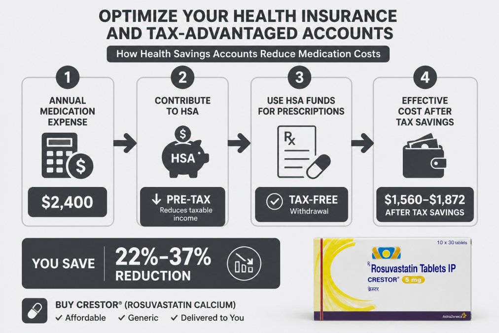 Flowchart showing how health savings accounts reduce medication costs: Start with annual medication expense ($2,400) → Contribute to HSA (pre-tax, reduces taxable income) → Use HSA funds for prescriptions (tax-free withdrawal) → Result: effective cost $1,560-1,872 after tax savings (22-37% reduction)
