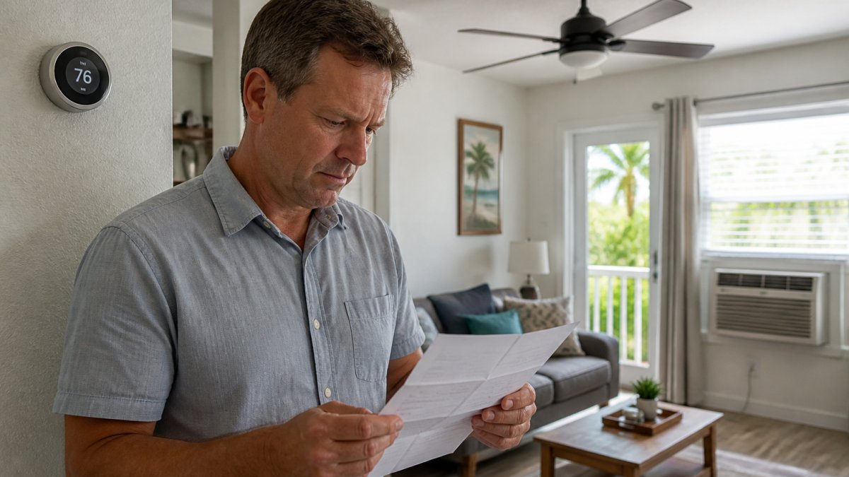A homeowner in a bright Florida living room checking a paper electricity bill next to a wall-mounted smart thermostat, ceiling fan and window AC unit visible in the background