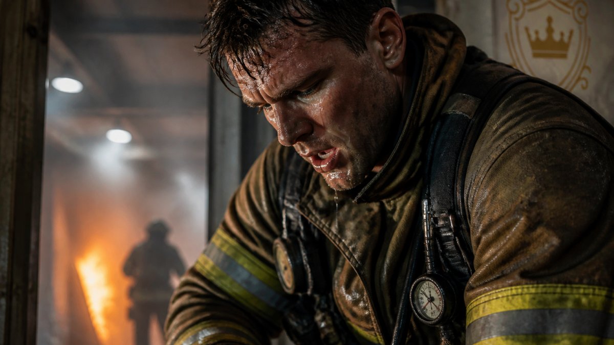 First responder in full turnout gear during active shift, muscles tensed during physical exertion, sweat visible under intense lighting in high-stress environment