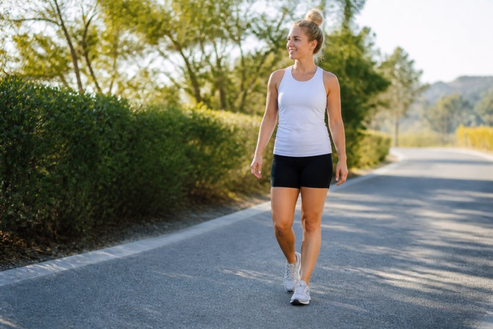 Athlete performing light walking recovery session outdoors on a sunny day, demonstrating gentle movement for post-workout recovery