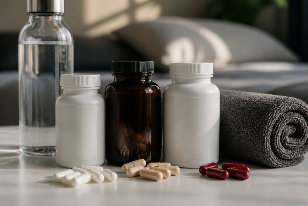 Close-up of recovery supplements including electrolyte capsules, magnesium bottles, and tart cherry supplement arranged on a clean white surface with water bottle nearby
