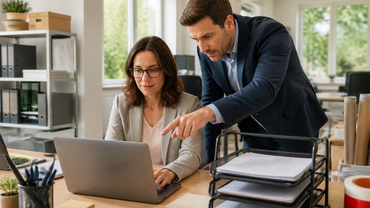 Office manager and colleague reviewing a purchase order on a laptop in a modern office space