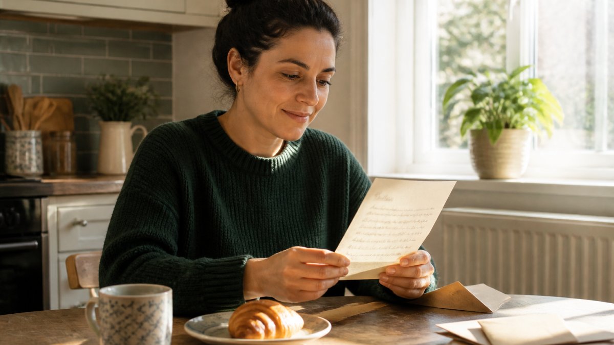 A person opening a personalised handwritten letter at a kitchen table, with a laptop showing a subscription account page nearby, warm morning light through a window