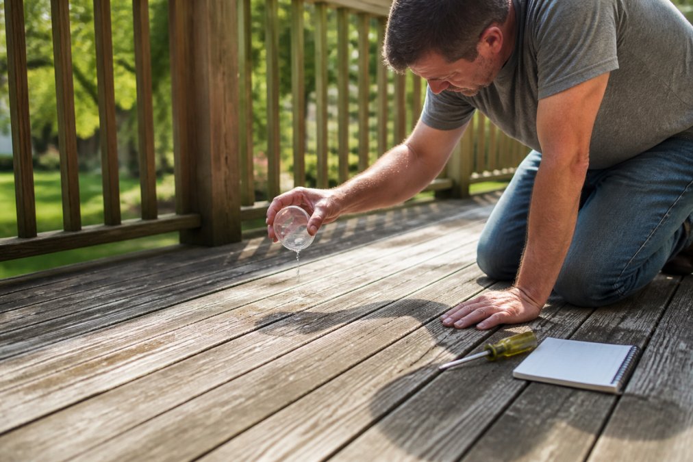 A homeowner kneeling on a weathered wooden deck, dripping water from a small cup onto the boards and watching it bead on the surface, with a screwdriver and notepad nearby in warm afternoon light