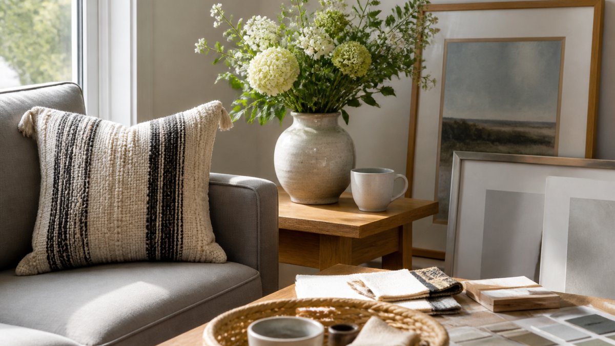 A bright living room corner styled with a handwoven throw pillow on a neutral sofa, a ceramic vase holding fresh flowers on a side table, and framed artwork leaning against the wall, natural daylight from a window