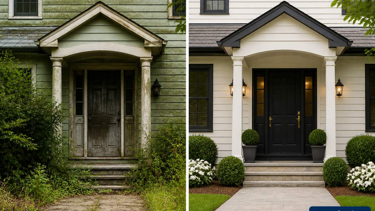 Before-and-after view of a home exterior transformation to refresh home exterior aesthetics with new paint and landscaping.