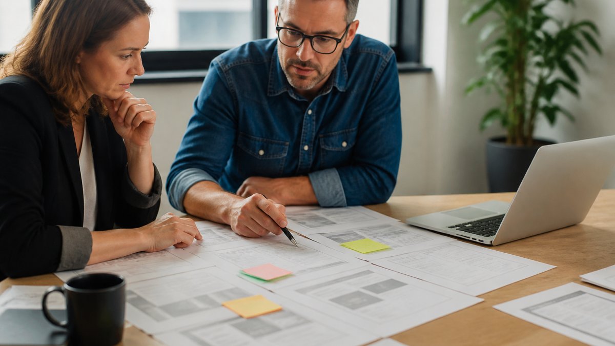 A digital strategist and a developer reviewing a printed website audit on a desk covered with notes and a laptop showing an old site in a bright office