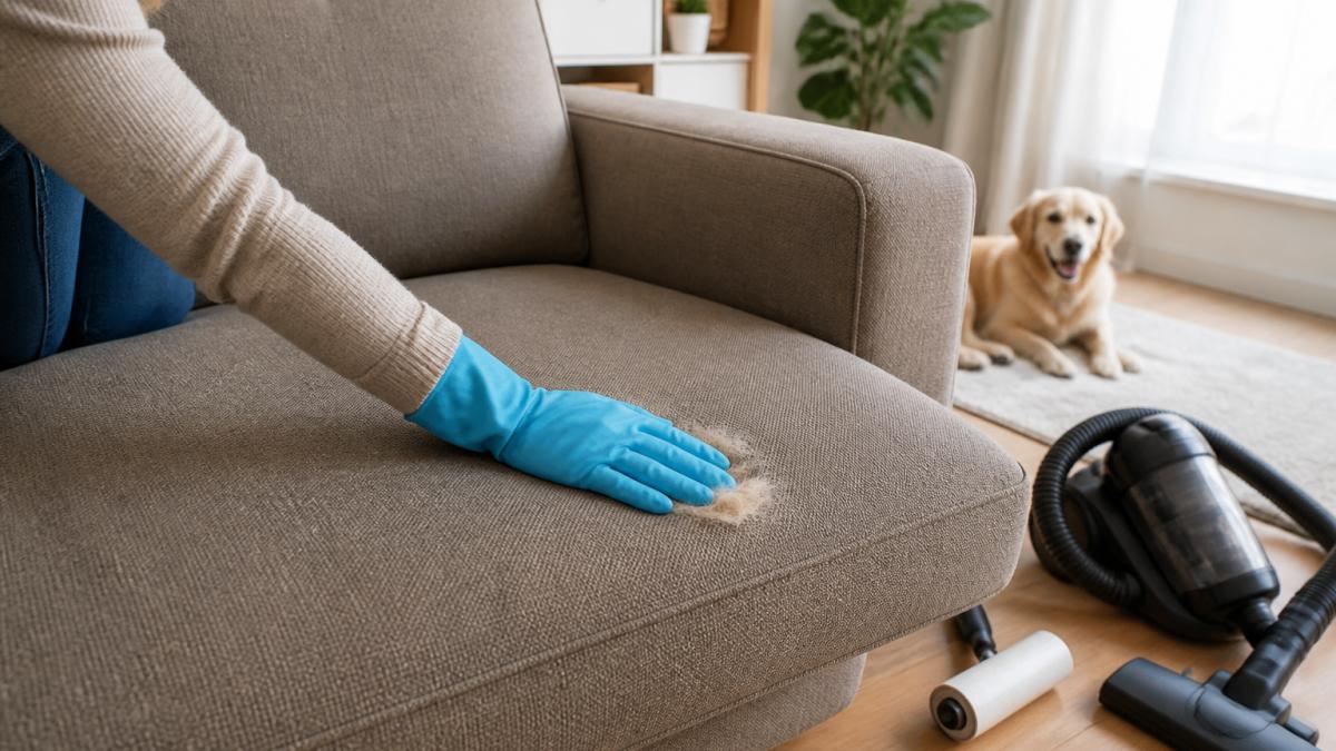A person wearing a rubber glove pressing it along a fabric sofa cushion to gather a visible clump of dog hair, with a vacuum and lint roller sitting on the floor nearby in a bright living room