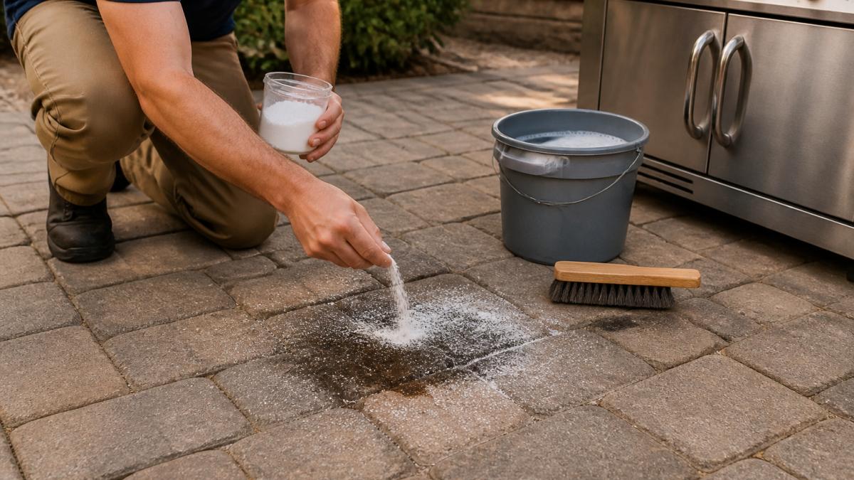 Homeowner sprinkling baking soda on dark oil paver stains near a grill on a sunny patio