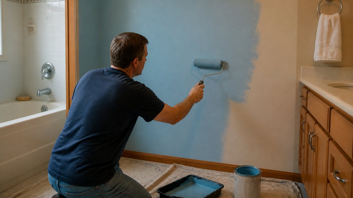 A homeowner rolling light blue paint onto a bathroom wall, drop cloths covering the floor, an outdated beige wall partially visible behind the fresh coat