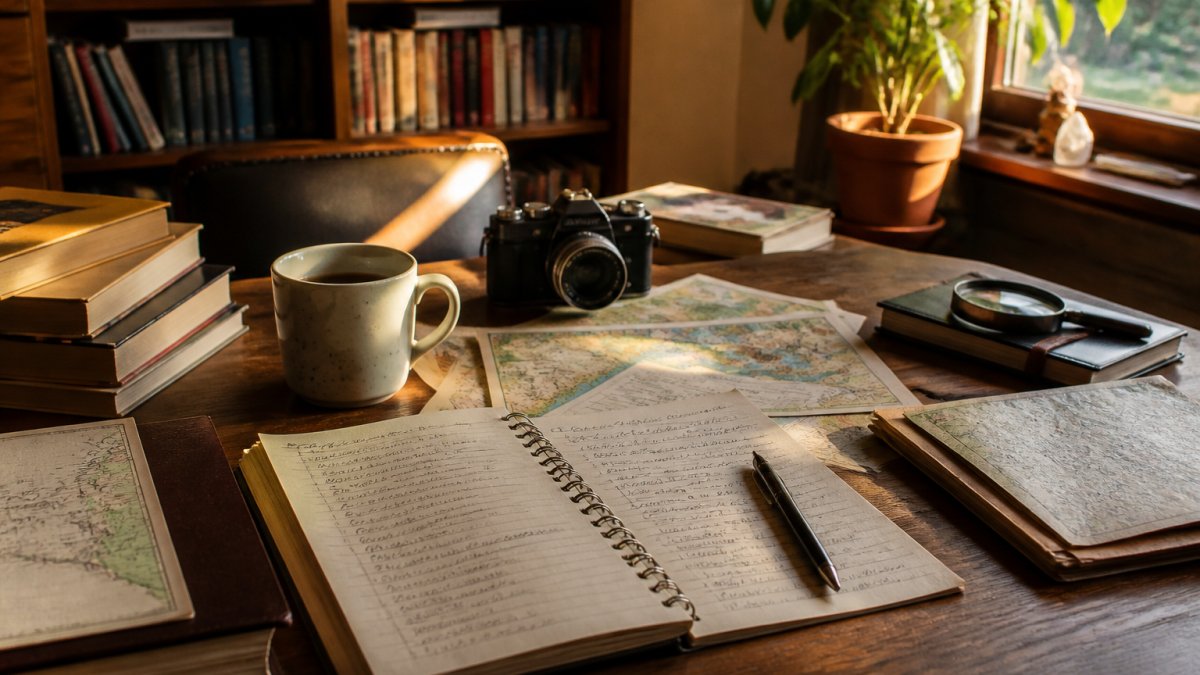 A writer's desk with a laptop open to a satellite map of a foreign city, a notebook covered in handwritten street names, and a coffee cup nearby, warm afternoon light
