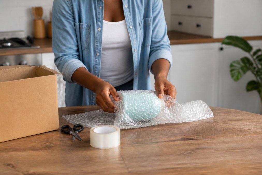 Person carefully wrapping a product in bubble wrap on a kitchen table, with packing tape, scissors, and a brown shipping box nearby, preparing a return shipment