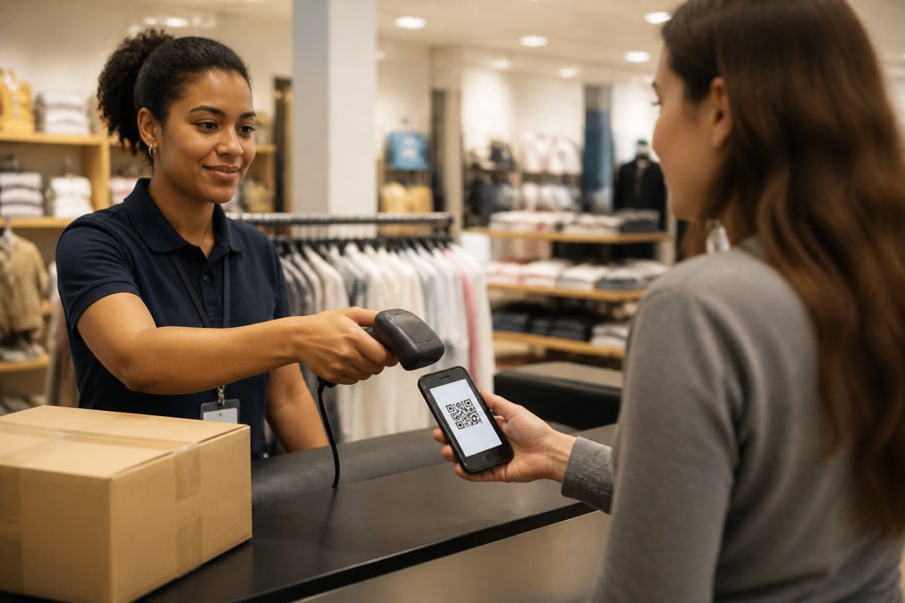 Close-up of a person holding a smartphone displaying a QR code at a retail drop-off counter, with a shipping carrier employee scanning the code in a bright, modern retail store