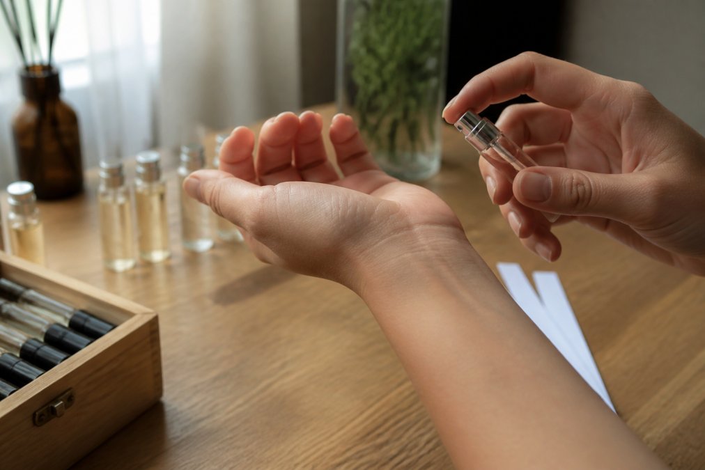 A person's wrist being sprayed with a fine mist of perfume from a small glass vial, soft natural light, close-up on skin and bottle