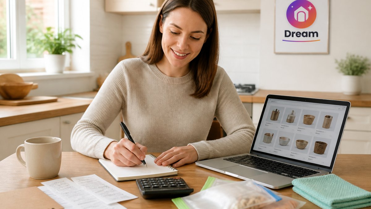 A person in a bright kitchen writing a short shopping list on a notepad beside a laptop showing an online store, with reusable storage bags and a microfibre cloth on the counter