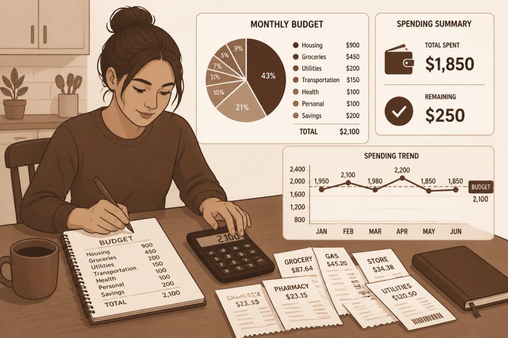 Person sitting at a kitchen table with a notebook, calculator, and receipts spread out, reviewing household expenses and budgeting