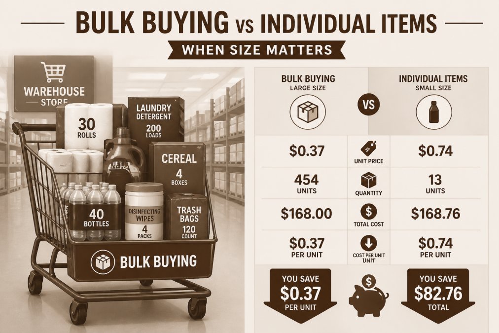 Shopping cart filled with bulk items and household essentials at a warehouse store, showing large quantities of products stacked and organized