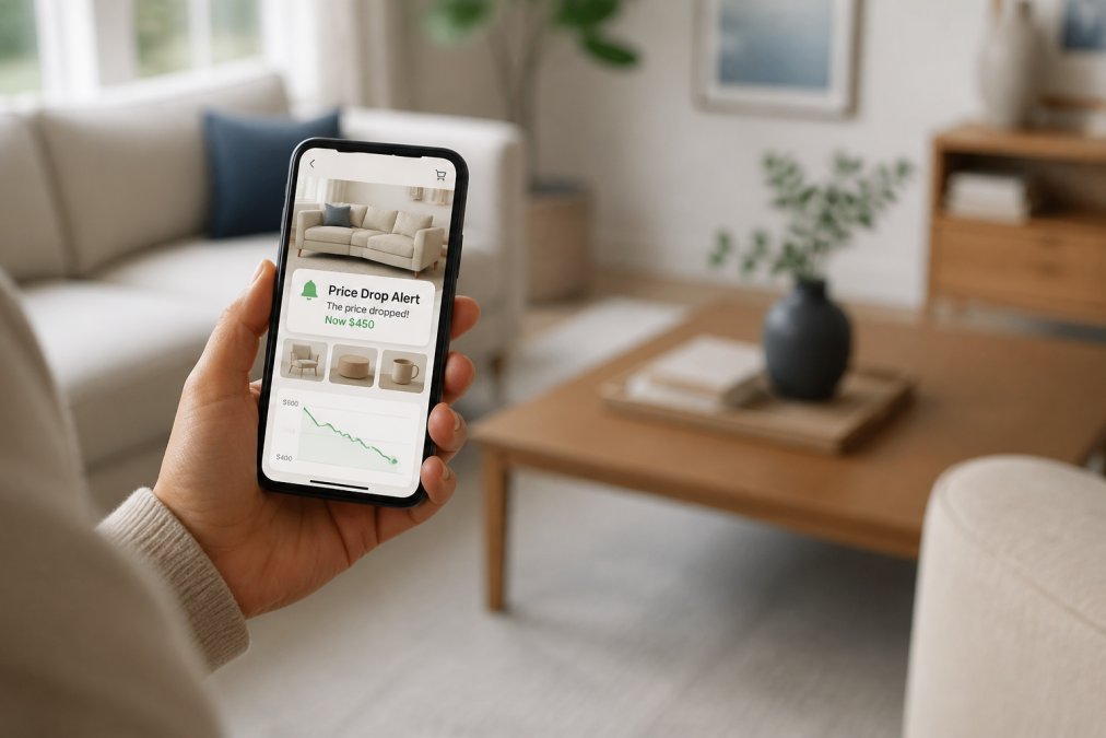 A person holding a smartphone showing a shopping app with a price alert notification, standing in a bright, modern living room with neutral decor
