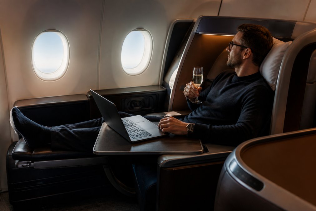 A business class passenger relaxing in a lie-flat seat with a laptop and a glass of champagne on a tray table, cabin interior softly lit