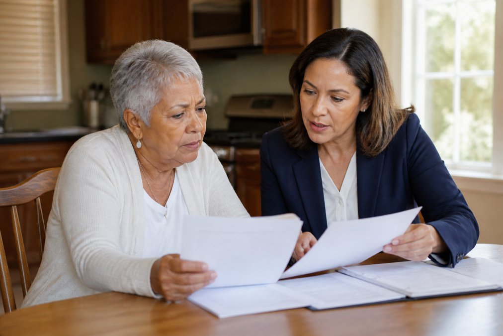 A senior woman sitting at a kitchen table reviewing Medicare paperwork with a caring advisor, both looking at documents together in a warm, well-lit home setting