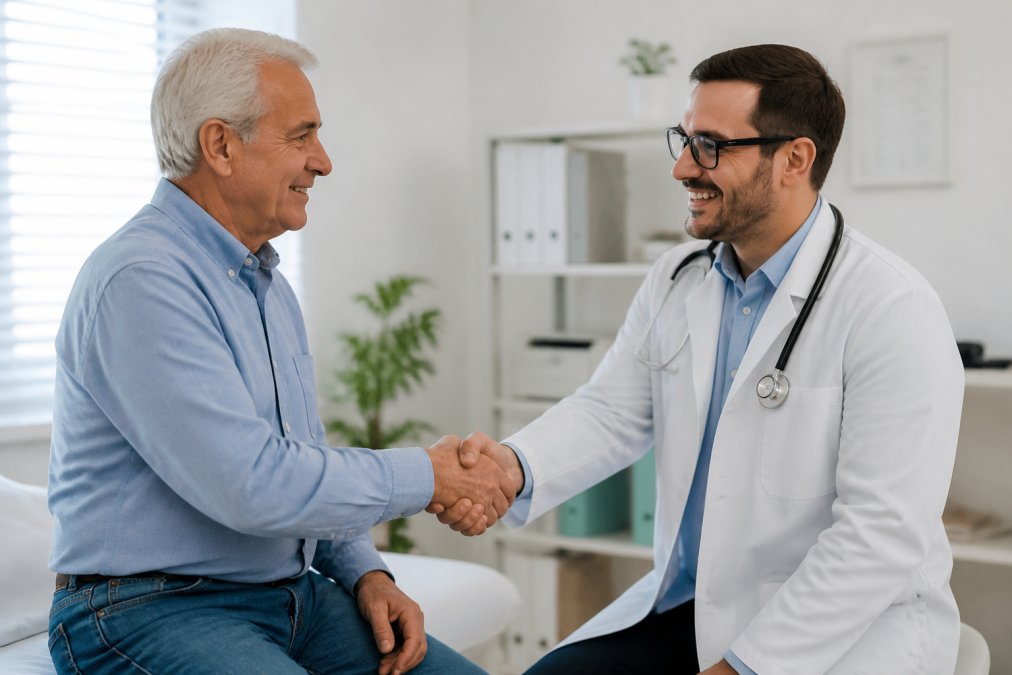 A friendly older patient shaking hands with their doctor in a bright medical office, both smiling, conveying trust and continuity of care