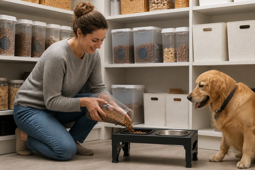 Pet owner organizing bulk pet food containers and storage bins in a well-lit home pantry, with multiple stacked food storage containers and labeled shelves visible