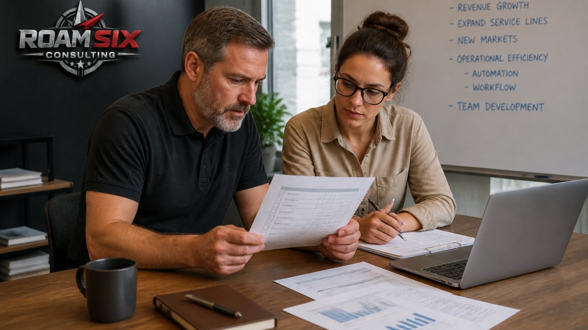 Business owner and manager reviewing a checklist and financial reports to scale operations effectively.