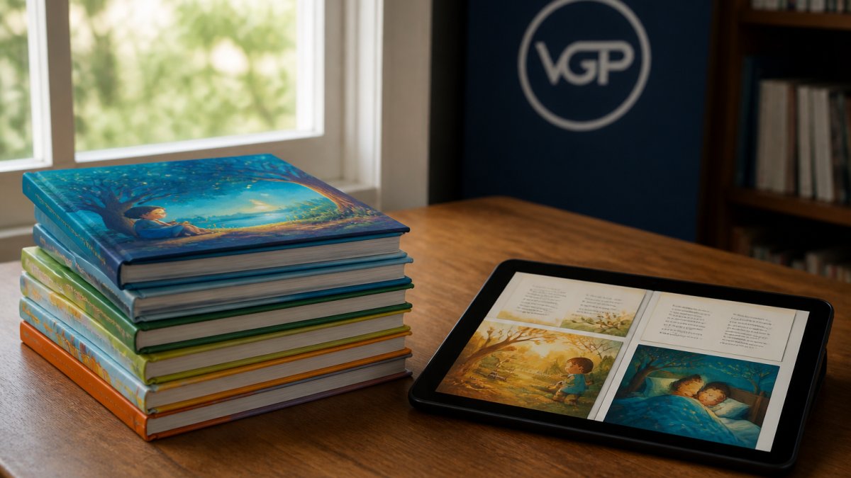 Infographic comparing offset printing and print on demand to self publish illustrated books with a sample layout