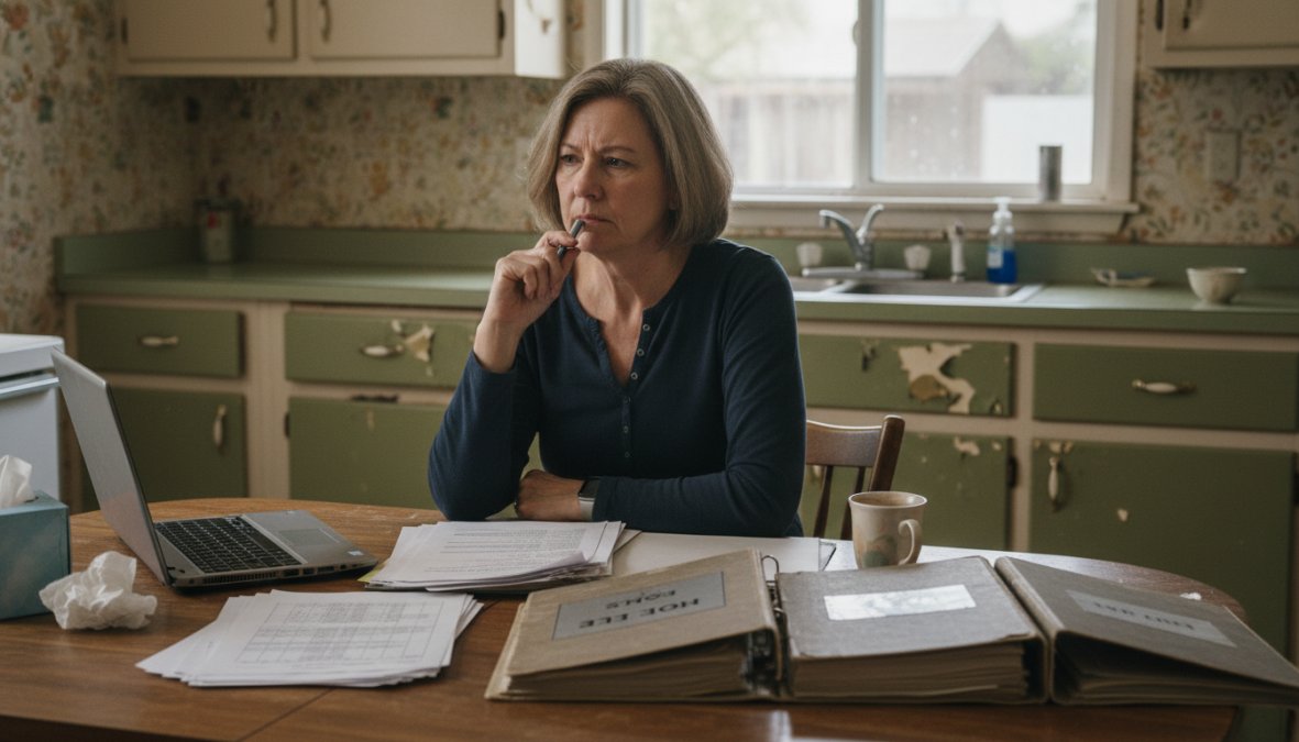 A homeowner sitting at a worn kitchen table with stacks of documents and an open laptop, looking thoughtful, with peeling wallpaper and dated fixtures visible in the background, warm afternoon light coming through a small window