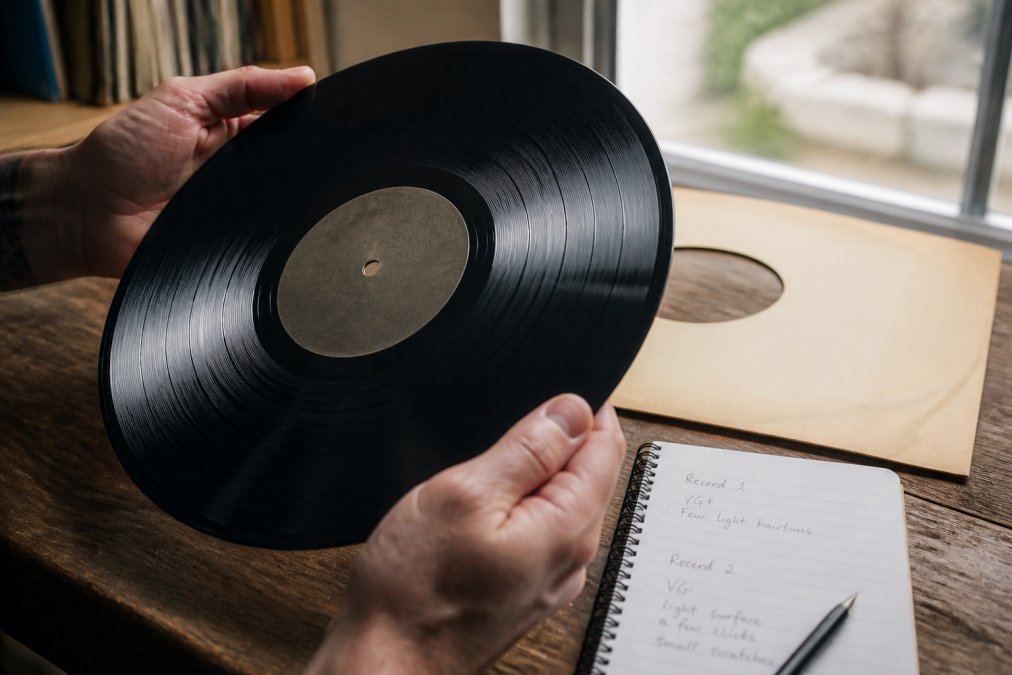 Close-up of hands holding a vinyl record up to soft window light, inspecting the surface for scratches, with a cardboard sleeve and handwritten grading notes on a wooden table nearby