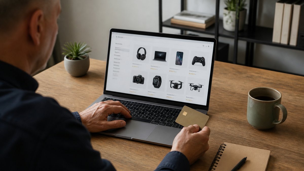 Person at laptop reviewing an online electronics store website with a credit card nearby, checking product listings and security indicators in natural office lighting