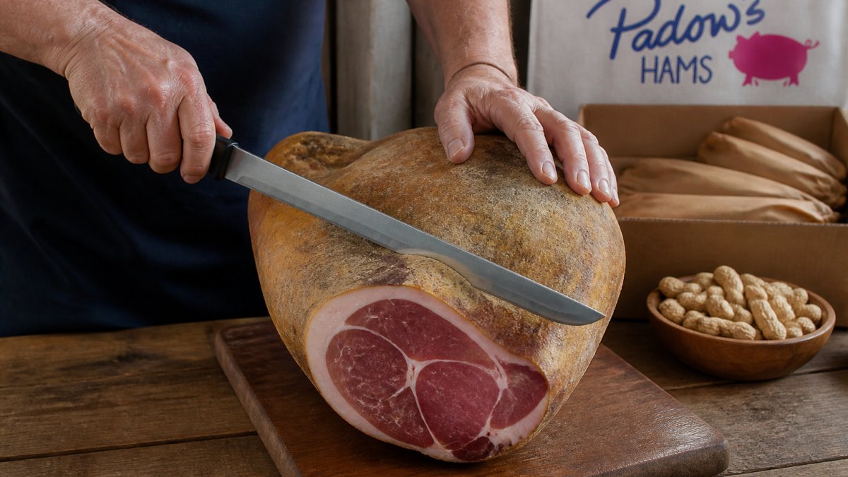 Close-up of hands holding a sharp slicing knife positioned against a whole country ham on a wooden cutting board, showing proper grip and blade angle with natural kitchen lighting