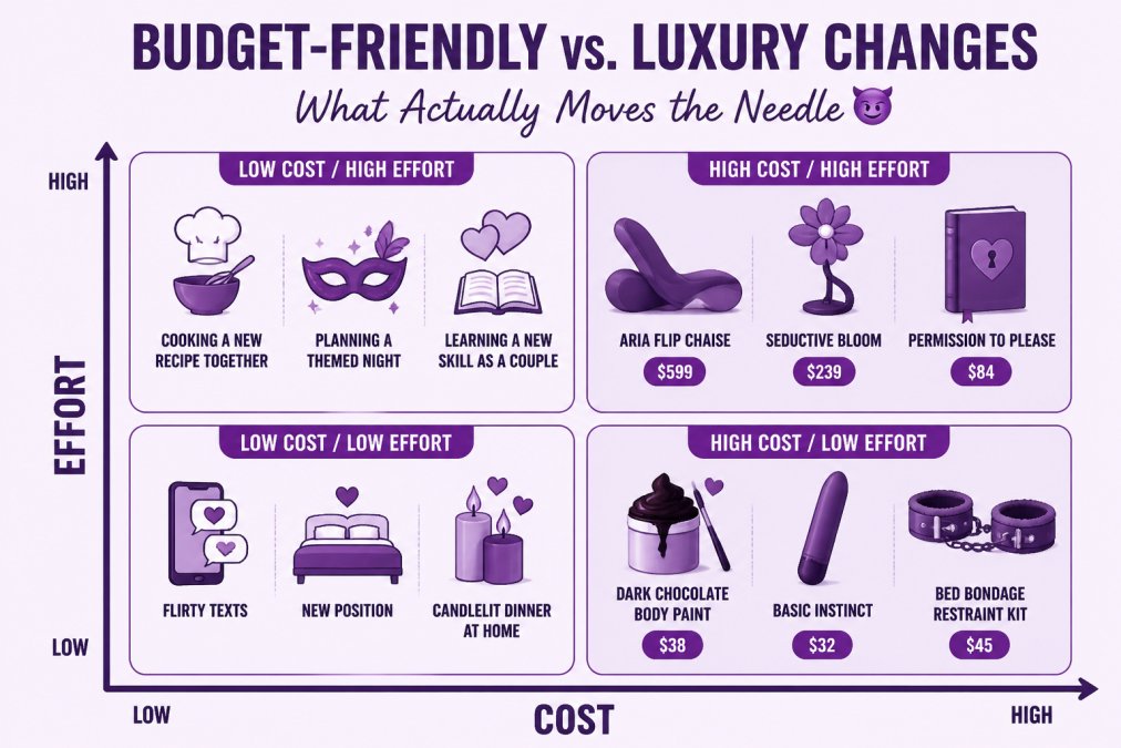2x2 matrix plotting routine changes by cost and effort. Quadrants: Low cost/low effort (flirty texts, new position, candlelit dinner at home), Low cost/high effort (cooking a new recipe together, planning a themed night, learning a new skill as a couple), High cost/low effort (Dark Chocolate Body Paint $38, Basic Instinct $32, Bed Bondage Restraint Kit $45), High cost/high effort (Aria Flip Chaise $599, Seductive Bloom $239, Permission To Please $84)