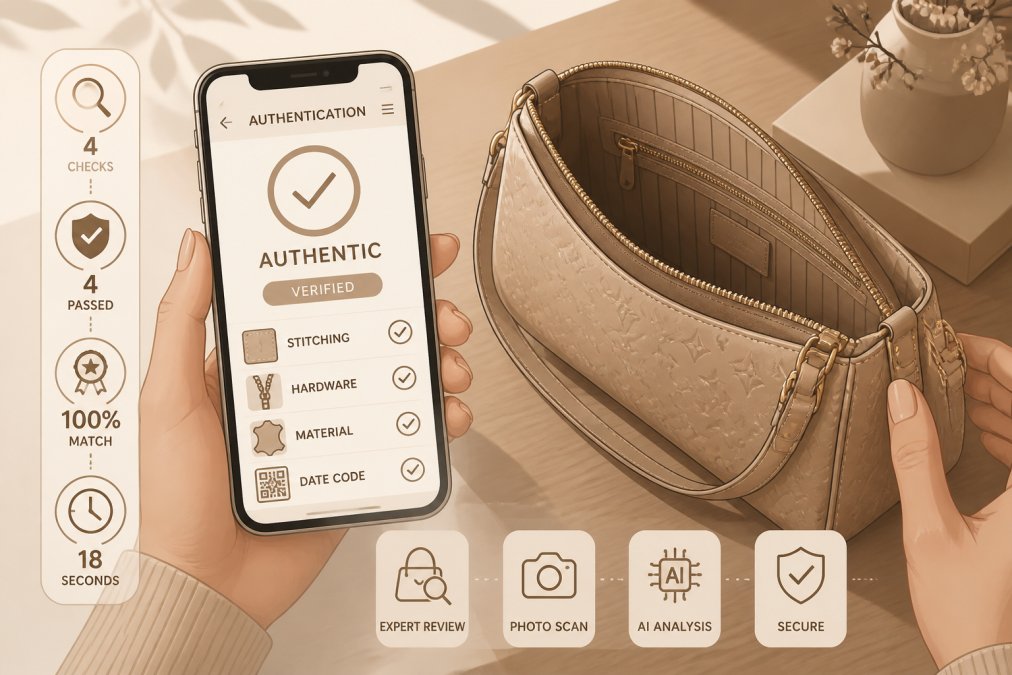 Person holding a smartphone displaying a luxury bag authentication app result screen, with a designer handbag open on a wooden table beside them in warm natural light