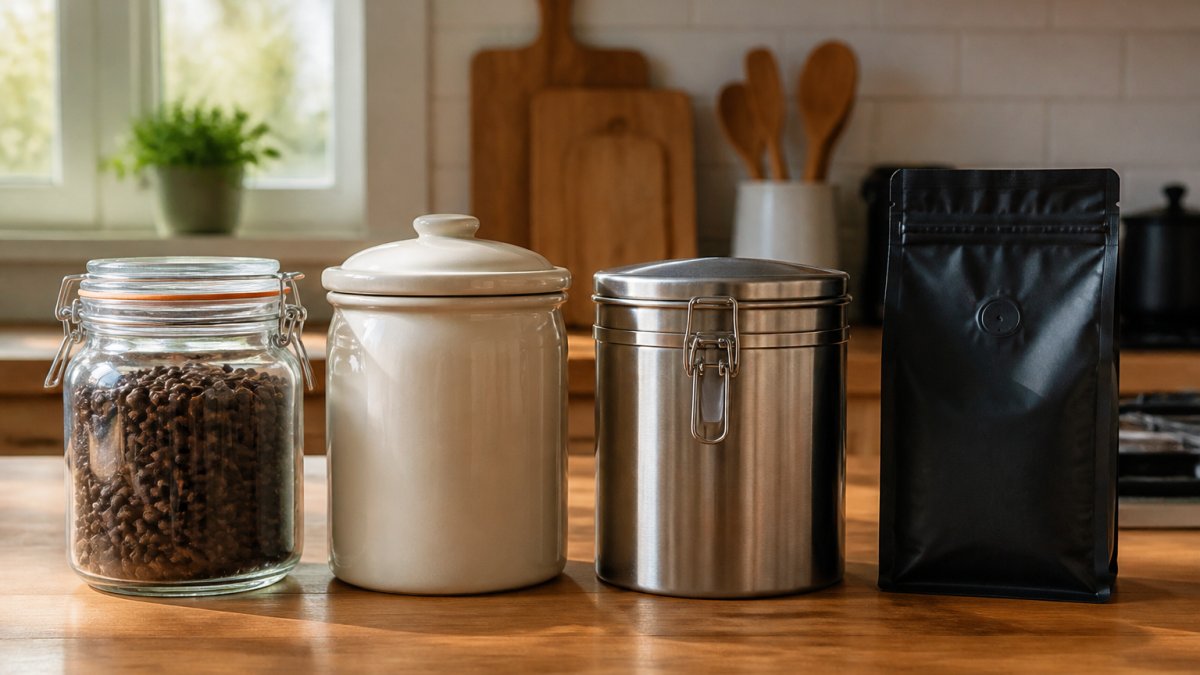 A home kitchen counter with several types of coffee storage containers lined up: a glass jar with a rubber gasket, a ceramic canister, a stainless steel tin, and the original resealable bag with a one-way valve, soft morning light from a window