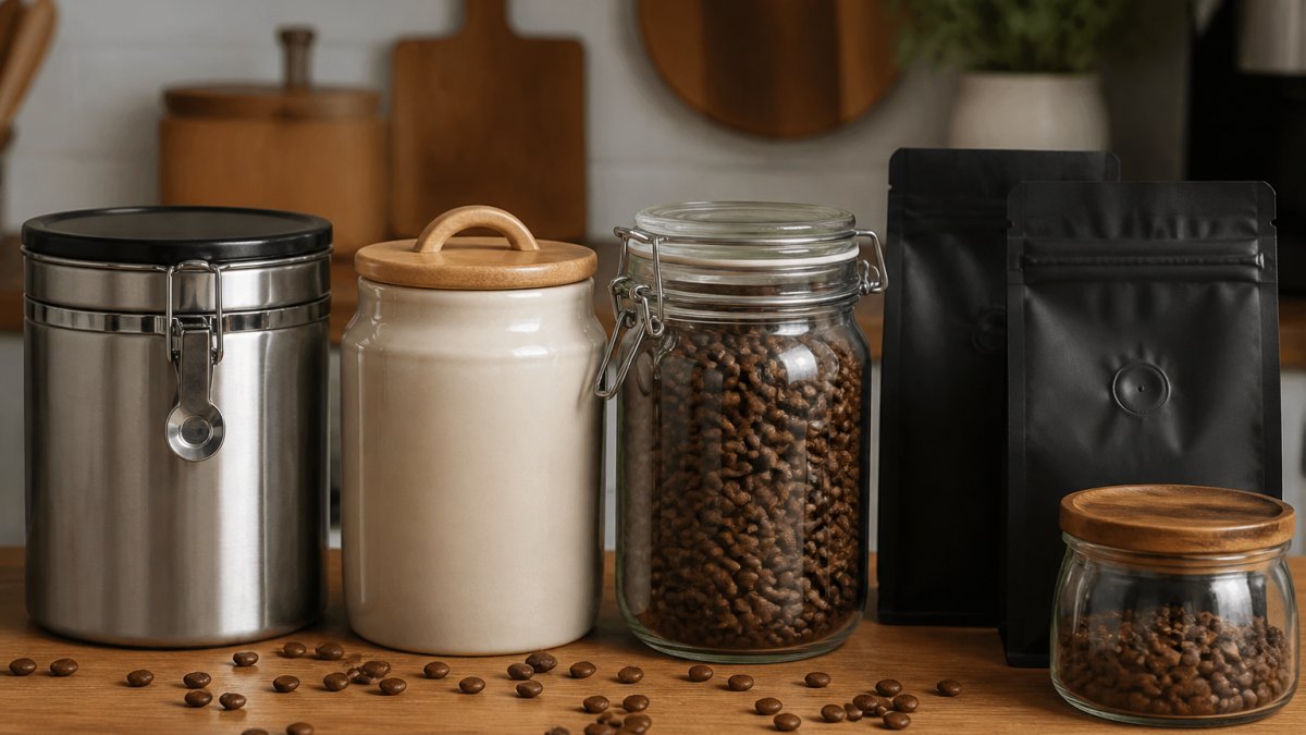 Assortment of airtight stainless steel, ceramic, and glass canisters holding coffee beans on a kitchen counter