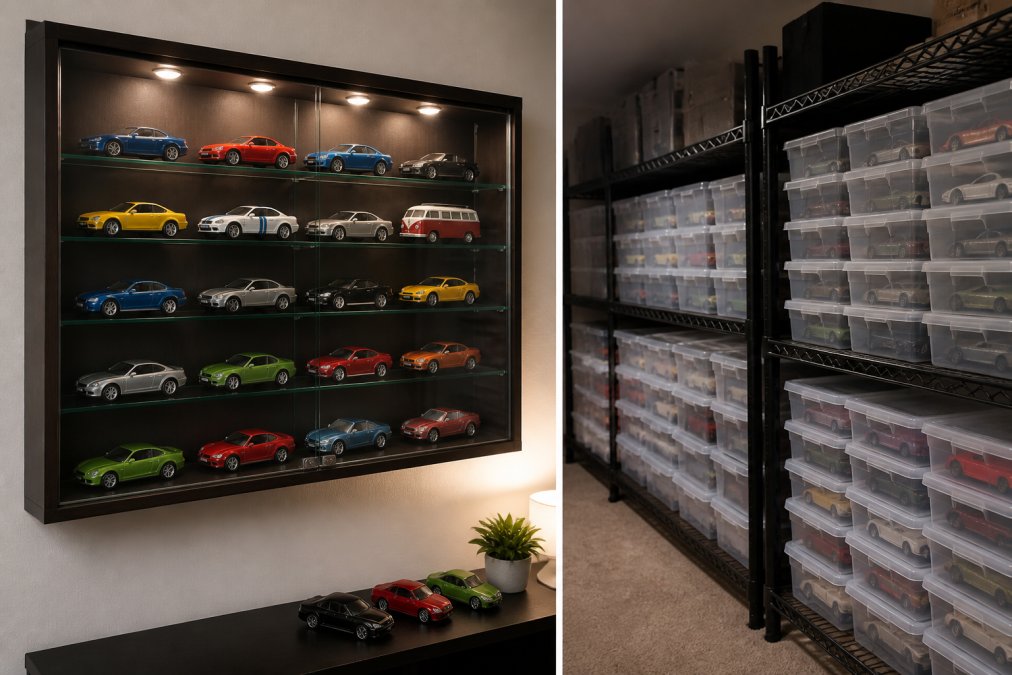 A well-lit wall-mounted shelf display case filled with neatly arranged collectible diecast cars in mint condition, showing various scales and models behind closed glass doors in a clean, organised collector's room with soft overhead lighting