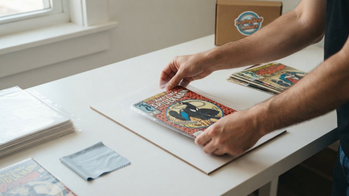 Hands carefully placing a comic book into an archival-quality bag with a backing board on a clean white work surface, showing proper technique with materials organized nearby