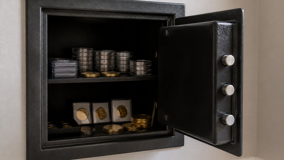 Diagram illustrating the organized placement of gold coins in protective capsules within a wall-mounted safe